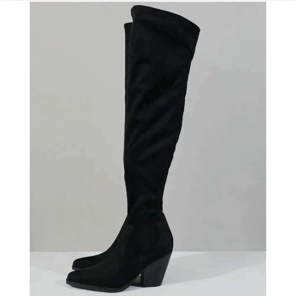 Marc Fisher Cathi Over The Knee Boot Women 7.5 Black Pointed Toe Tall Block Heel